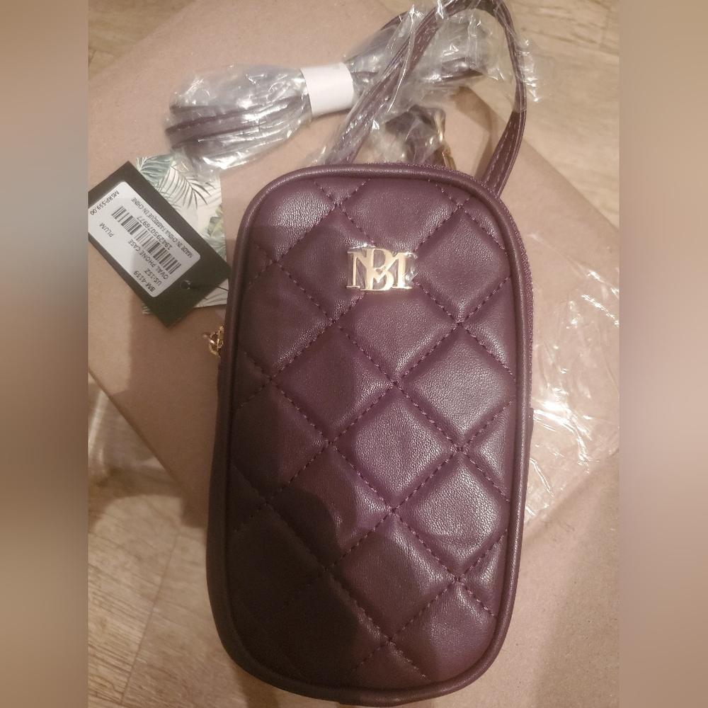 Badgley Mischka Crossbody Quilted Oval Phone Pouch Vegan Leather Plum Purple NWT